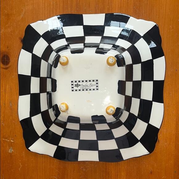 Amber Rose Square Serving Bowl Black White Checkered Vacher Ceramic Dish - Picture 2 of 7